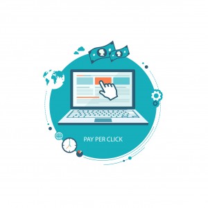 Pay per click flat illustration with laptop and pointer. eps8